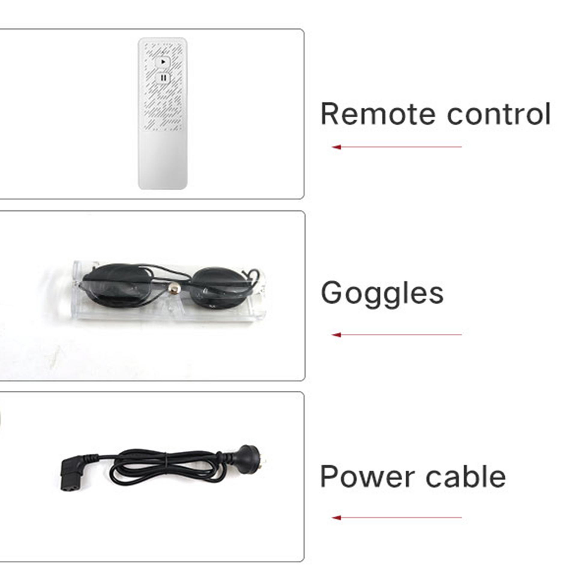 Remote control, goggles, and power cable